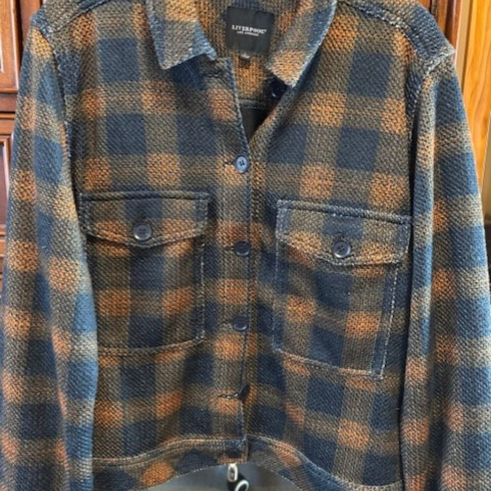 Liverpool Womens Navy and Rust Plaid Cropped Utility Jacket Large